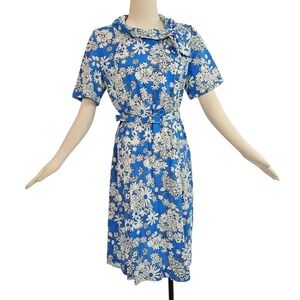 Vintage 1960's Dress Matching Belt Blue Black Floral Casualmaker Secretary Fairy